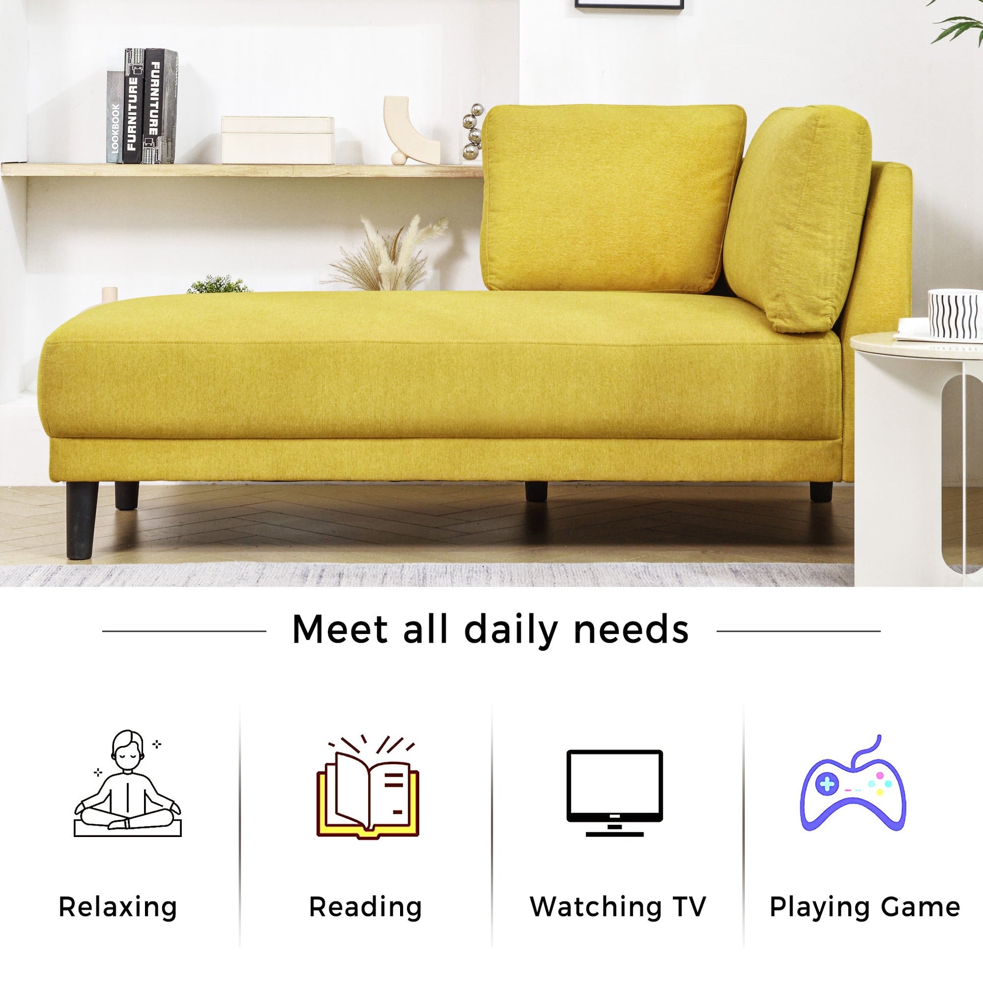 65" Mid-Century Modern Fabric Corner Lounge Chair Upholstered Indoor Chaise Lounge for Bedroom eprolo