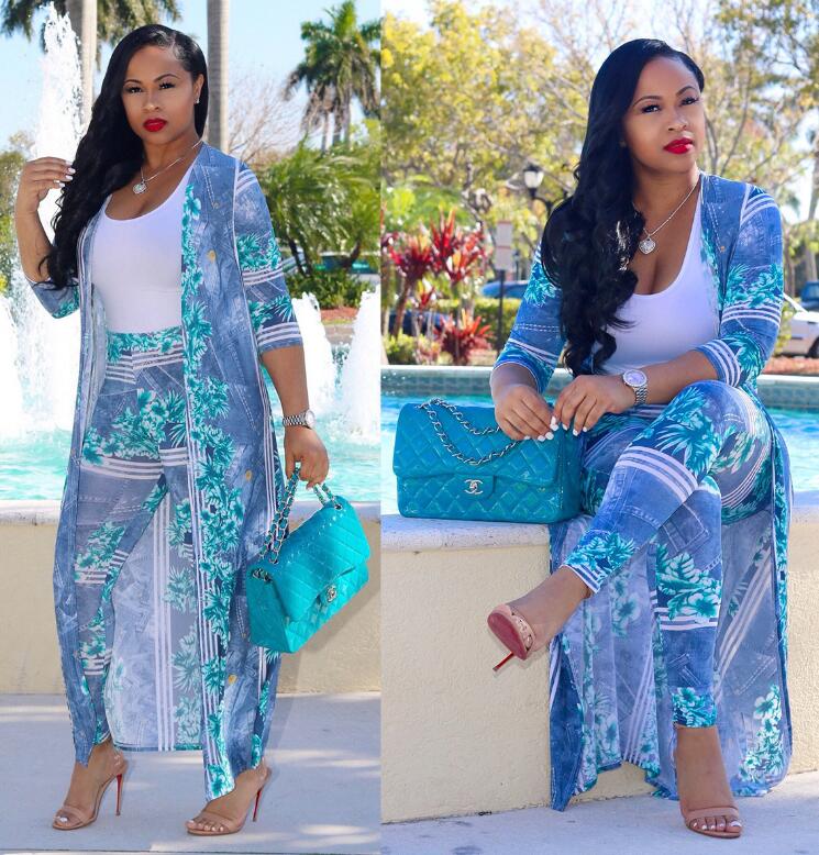 Plus Size Sexy two Piece Set Women clothes Cardigan Cloak Long Top And Bodycon Pant Matching Sets eprolo