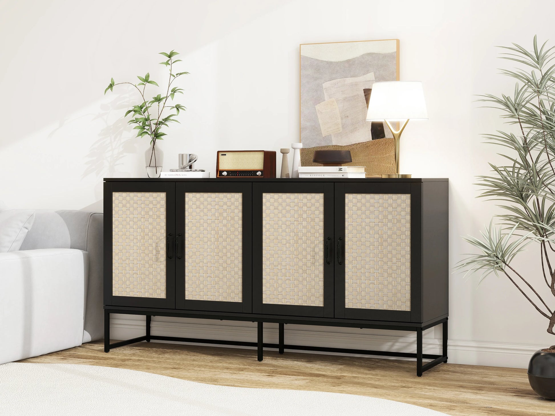 Rattan 4-Door Sideboard , Sideboard Buffet Storage Cabinet,Accent Storage Cabinet , Large Cabinet With 4 Rattan Decorated Doors - Shello's Creative Boutique