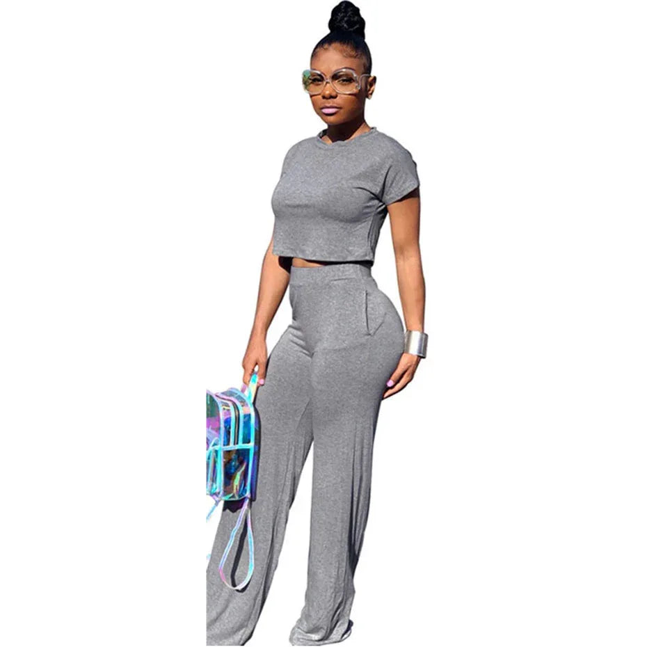 Casual Two Piece Set Crop Top and Wide Leg Pants Fall Sexy 2 Piece Outfits for Women Clothing Set - Shello's Creative Boutique