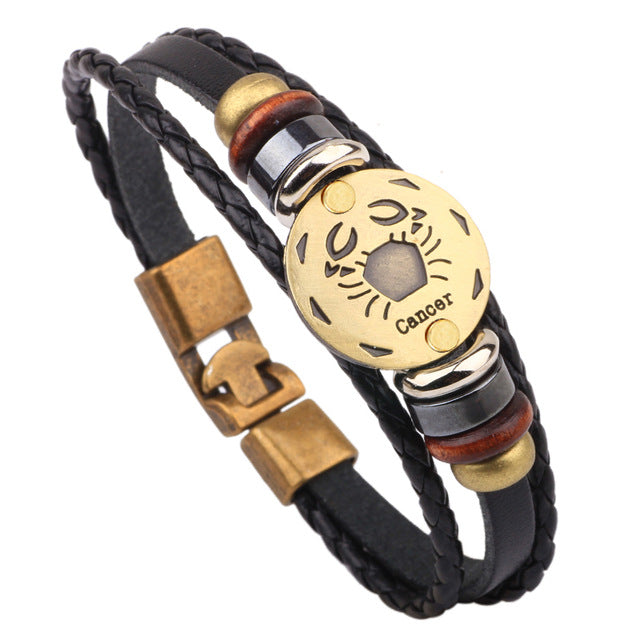 12 Horoscope Leather Bracelet Men Jewelry Vintage Retro Charm Bracelet Male Jewelry 8.2 eprolo