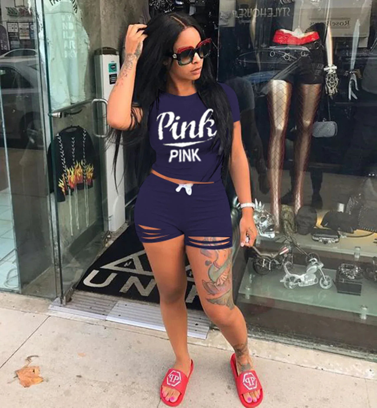Pink Letter Print 2 Piece Set Tracksuit Women Top And Hollow Pants Casual Outfit Sweatshirts Two Pcs Sportwear 3XL Dropship - Shello's Creative Boutique