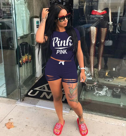 Pink Letter Print 2 Piece Set Tracksuit Women Top And Hollow Pants Casual Outfit Sweatshirts Two Pcs Sportwear 3XL Dropship - Shello's Creative Boutique