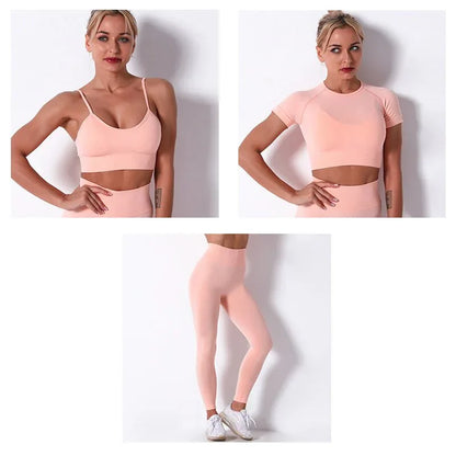 2Pcs/3Pcs/4Pcs Yoga Set Women Clotching Fitness Sportswear Seamless High Waist Leggings Shorts Shirt Crop Top Sport Bra - Shello's Creative Boutique