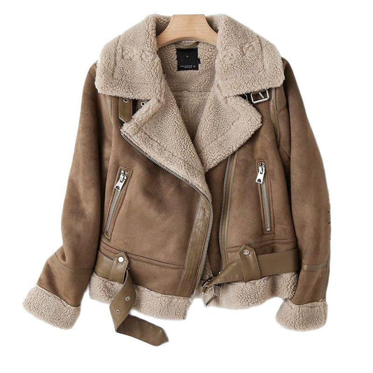 Winter Women Faux Shearling Sheepskin Leather Fur Jackets Lady Thick Warm Suede Lambs Wool Short Motorcycle Brown Coats - Shello's Creative Boutique