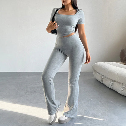 Autumn and winter European and American y2k solid color casual short sleeved T-shirt long pants two-piece set women's clothing - Shello's Creative Boutique