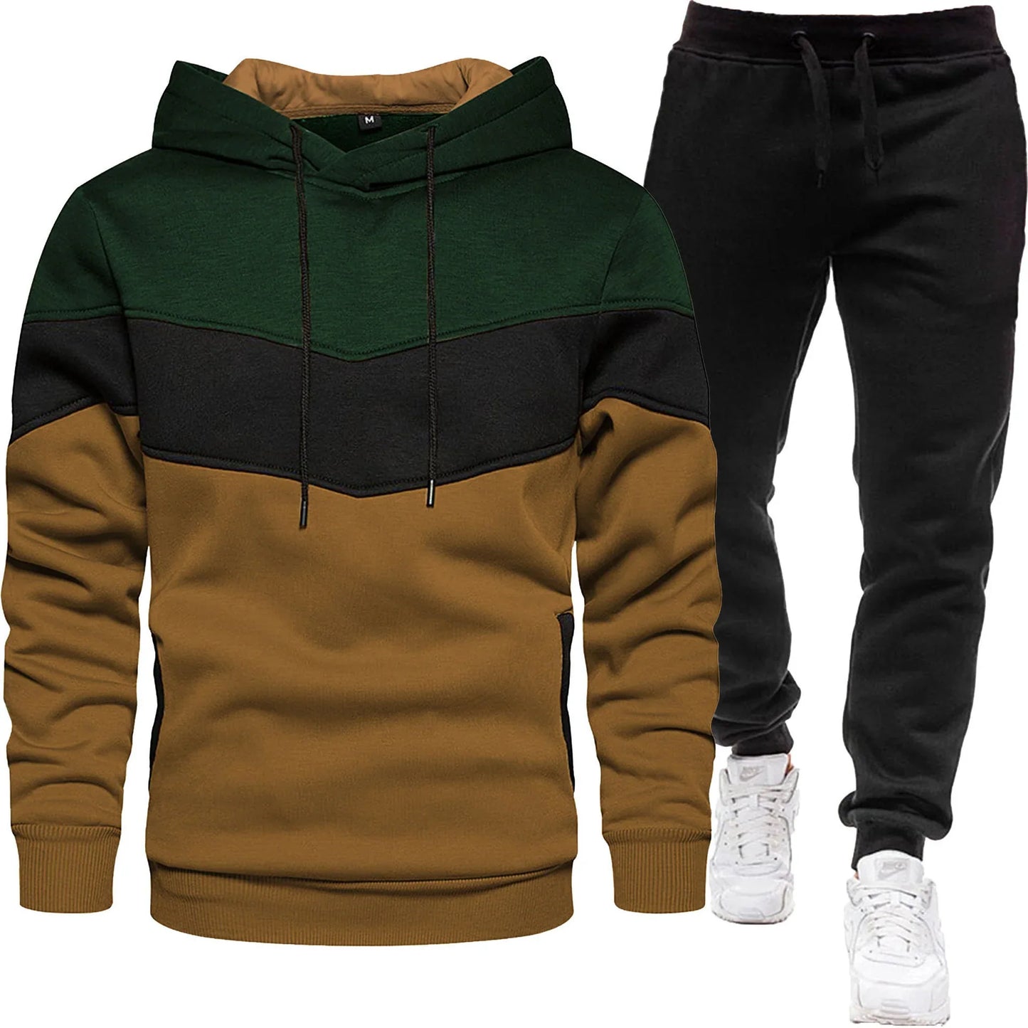 Men's three color hoodie sports suit, fashionable and casual, spring and autumn splicing hooded top, long pants two-piece set - Shello's Creative Boutique