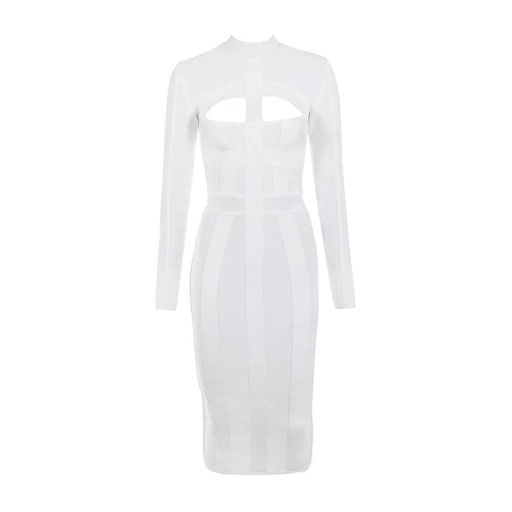 White Hollow Out Bandage Midi Dress - Long Sleeve Bodycon - Shello's Creative Boutique