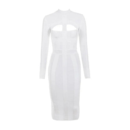 White Hollow Out Bandage Midi Dress - Long Sleeve Bodycon - Shello's Creative Boutique