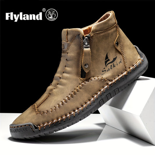 [Comfortable Wear-resistant Ankle Boots] FLYLAND Men's Ankle Boots Vintage Style Comfortable Wear-resistant Non-slip Stitch Boots Outdoor Shoes For Hiking Trekking Climbing Shello's Creative Boutique
