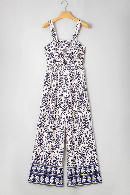 Blue Boho Geometric Print Jumpsuit - Smocked High Waist Wide Leg - Shello's Creative Boutique