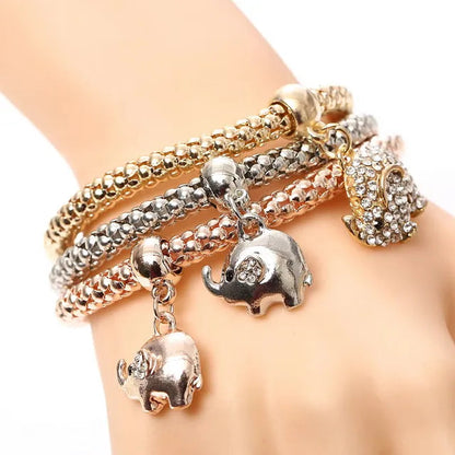 3 Pcs/Set Crystal Owl Heart Charm Bracelets & Bangles Gold/Silver Plated Elephant Anchor Pendants Rhinestone Bracelets For Women eprolo