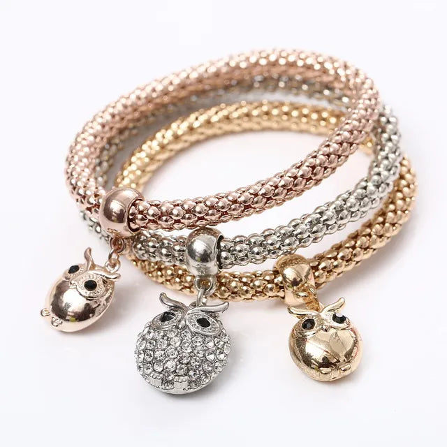 3 Pcs/Set Crystal Owl Heart Charm Bracelets & Bangles Gold/Silver Plated Elephant Anchor Pendants Rhinestone Bracelets For Women eprolo