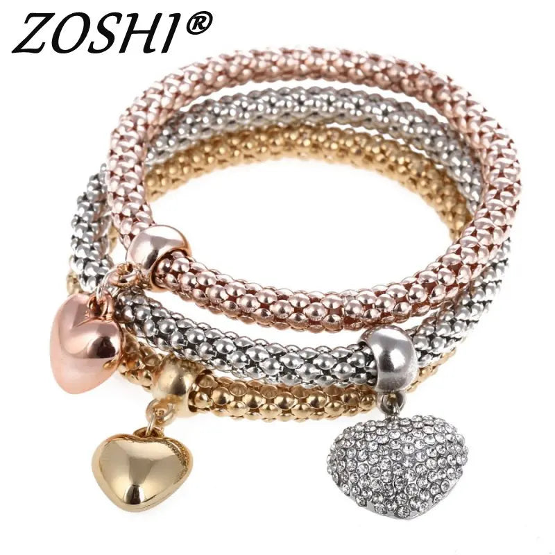 3 Pcs/Set Crystal Owl Heart Charm Bracelets & Bangles Gold/Silver Plated Elephant Anchor Pendants Rhinestone Bracelets For Women eprolo
