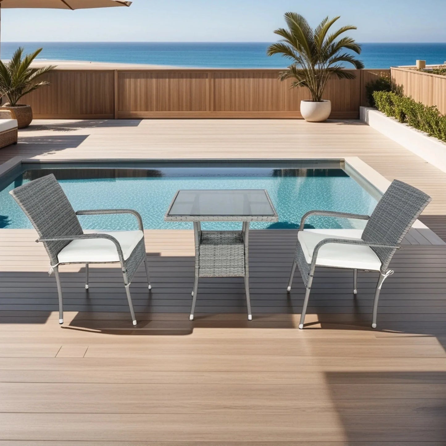 3 Piece Patio Wicker Conversation Set Grey Wicker + white Cushion - Shello's Creative Boutique