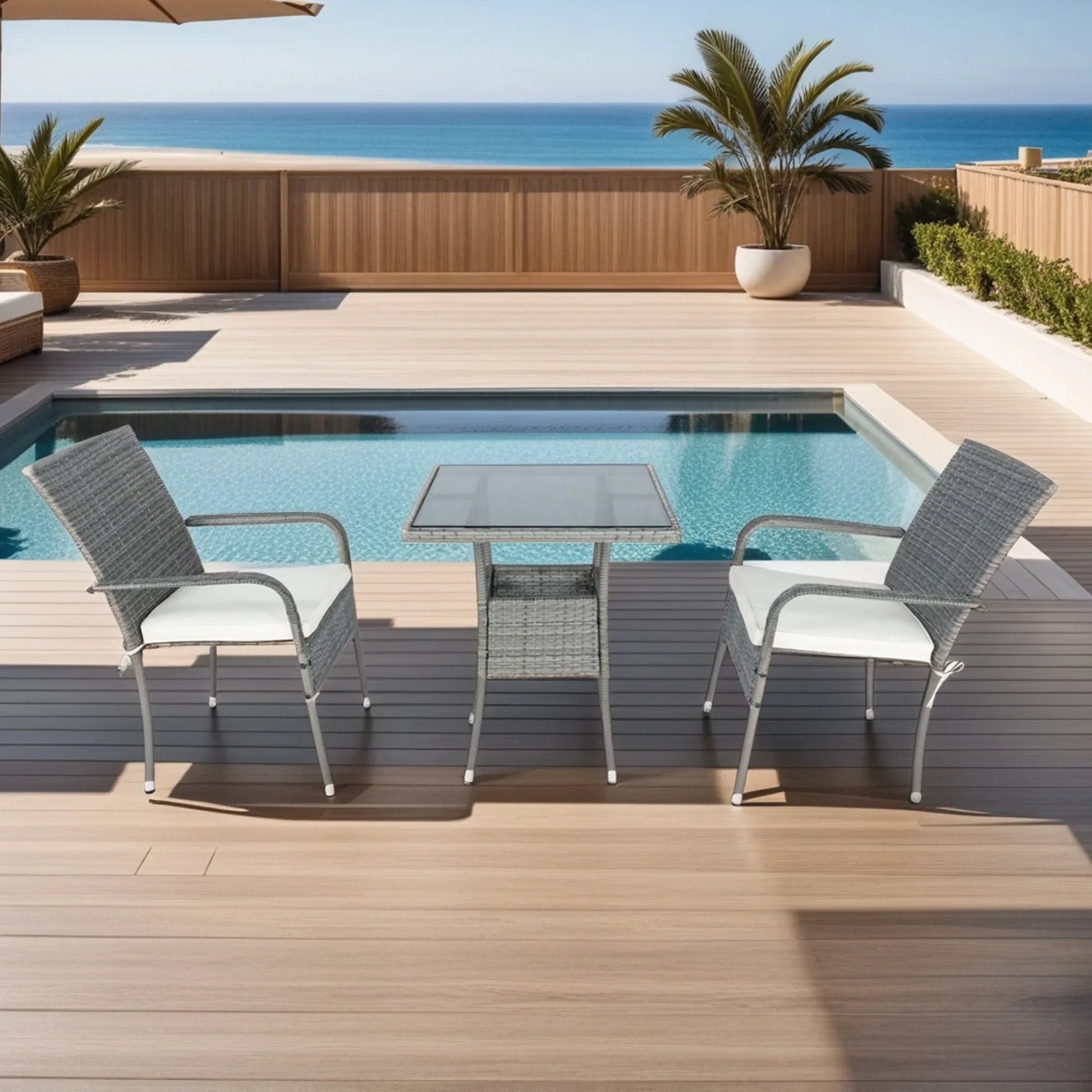 3 Piece Patio Wicker Conversation Set Grey Wicker + white Cushion - Shello's Creative Boutique