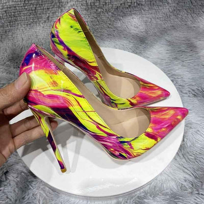 12cm heel Glossy Colourful Print Women Pointed Toe High Heels Stilettos Pumps