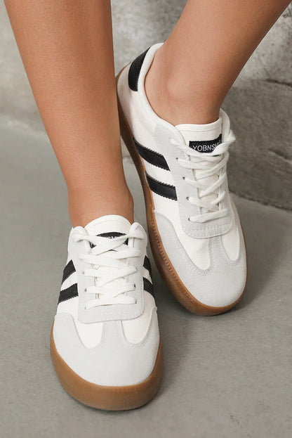 White Striped Lace Up Flat Sneakers - Shello's Creative Boutique