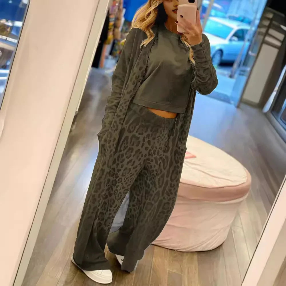 New leopard print long sleeved cardigan jacket, long pants set, two-piece set for women - Shello's Creative Boutique
