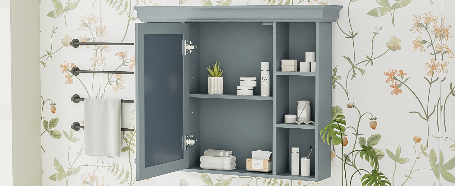 35 ''x 28' 'blue wall mounted bathroom storage cabinet with mirror door and medication cabinet with 6 open shelves eprolo