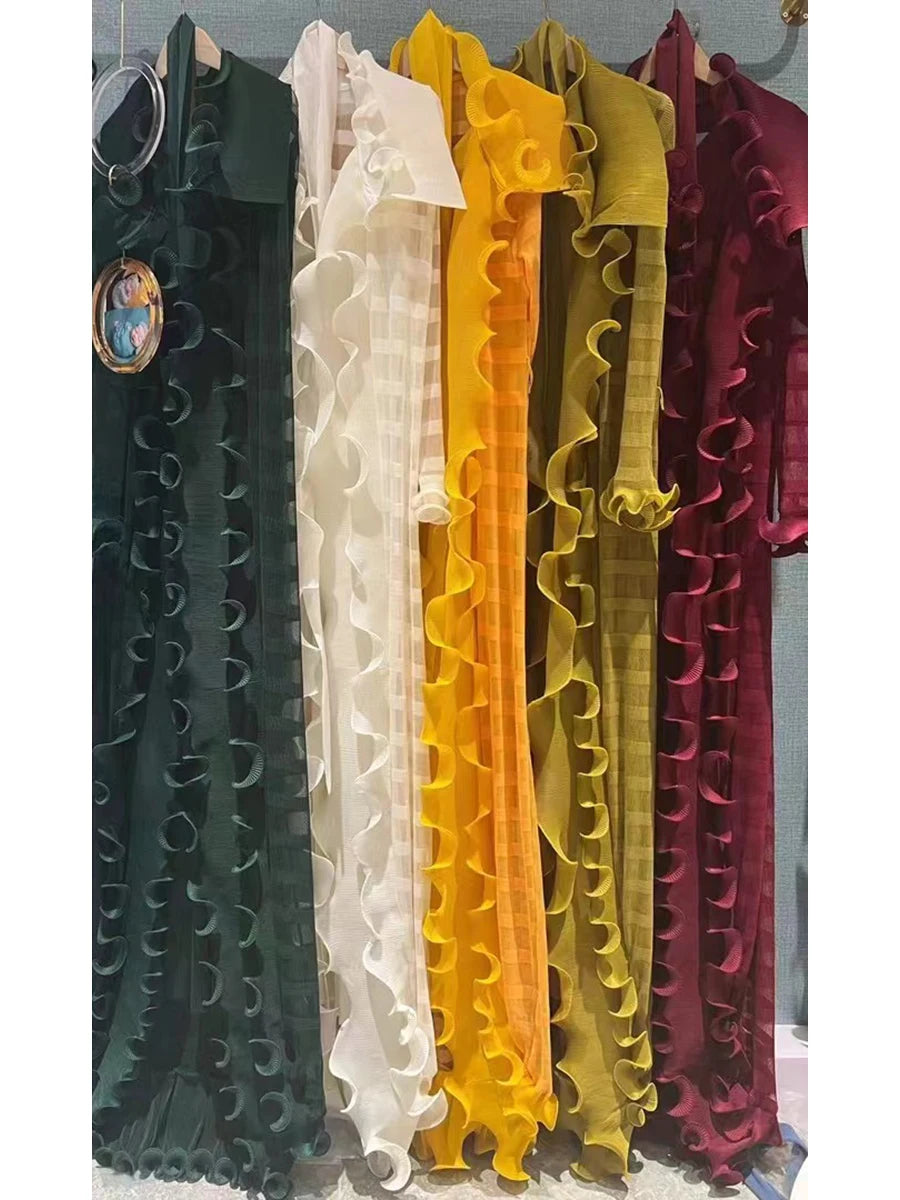 Heavy Industry Pleated Set Solid Flounced Edge Full Sleeved Sexy Evening Party Two Piece Sets for Women eprolo