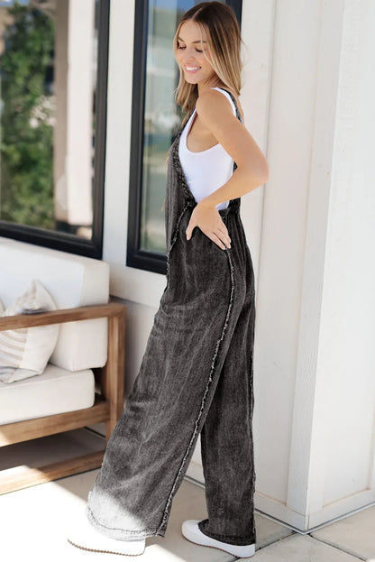 Blue Light Wash Denim Overalls - Frayed Wide Leg Dungarees - Shello's Creative Boutique