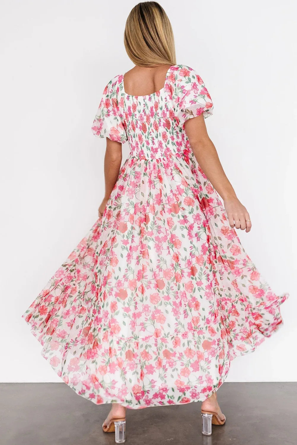 Pink Floral Maxi Dress - Plus Size Square Neck Puff Sleeve Ruffle Dress for Summer - Shello's Creative Boutique