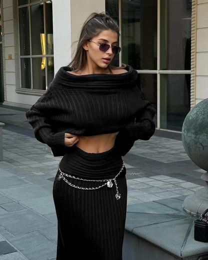 Winter Knitted Two Piece Set for Women Elegant Off Shoulder Sweater Pullover Top Slim Skirt Suit Fashion Office Ladies Outfits eprolo