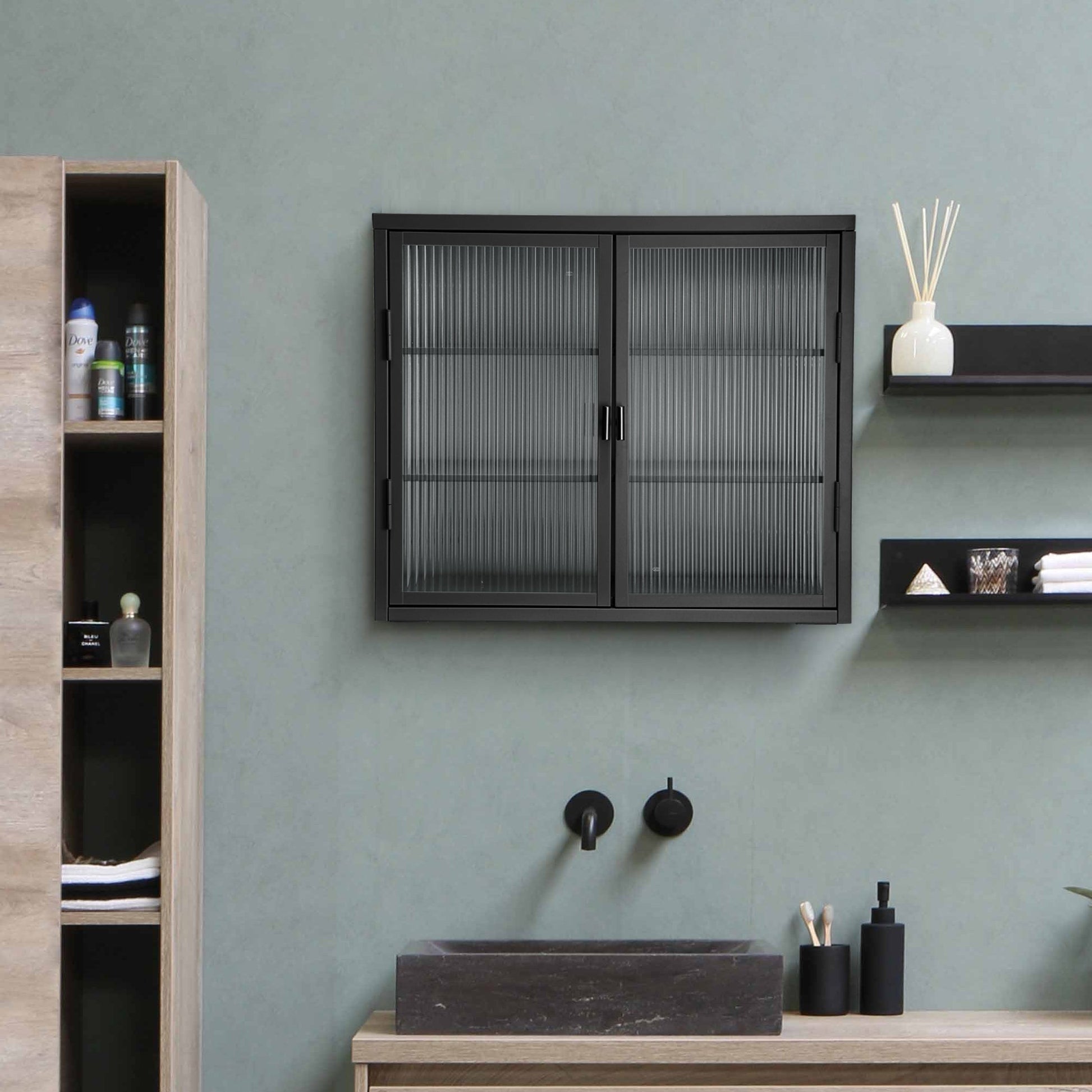 Retro Style Haze Double Glass Door Wall Cabinet With Detachable Shelves for Office Dining Room Living Room eprolo