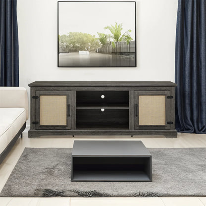 Vine TV stand console table, suitable for TVs under 70 inches, equipped with 2 storage shelves and 2 natural rattan doors, gray - Shello's Creative Boutique