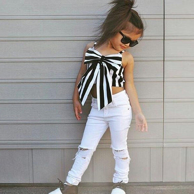Set Tops and Pants 2 Pieces Summer Stripes Ribbon Short Sling Fashion Hole Pants European Style Children's Suits eprolo