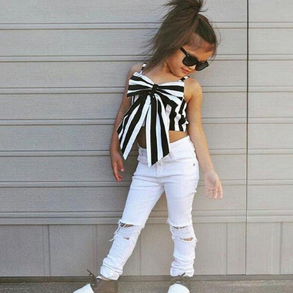 Set Tops and Pants 2 Pieces Summer Stripes Ribbon Short Sling Fashion Hole Pants European Style Children's Suits eprolo