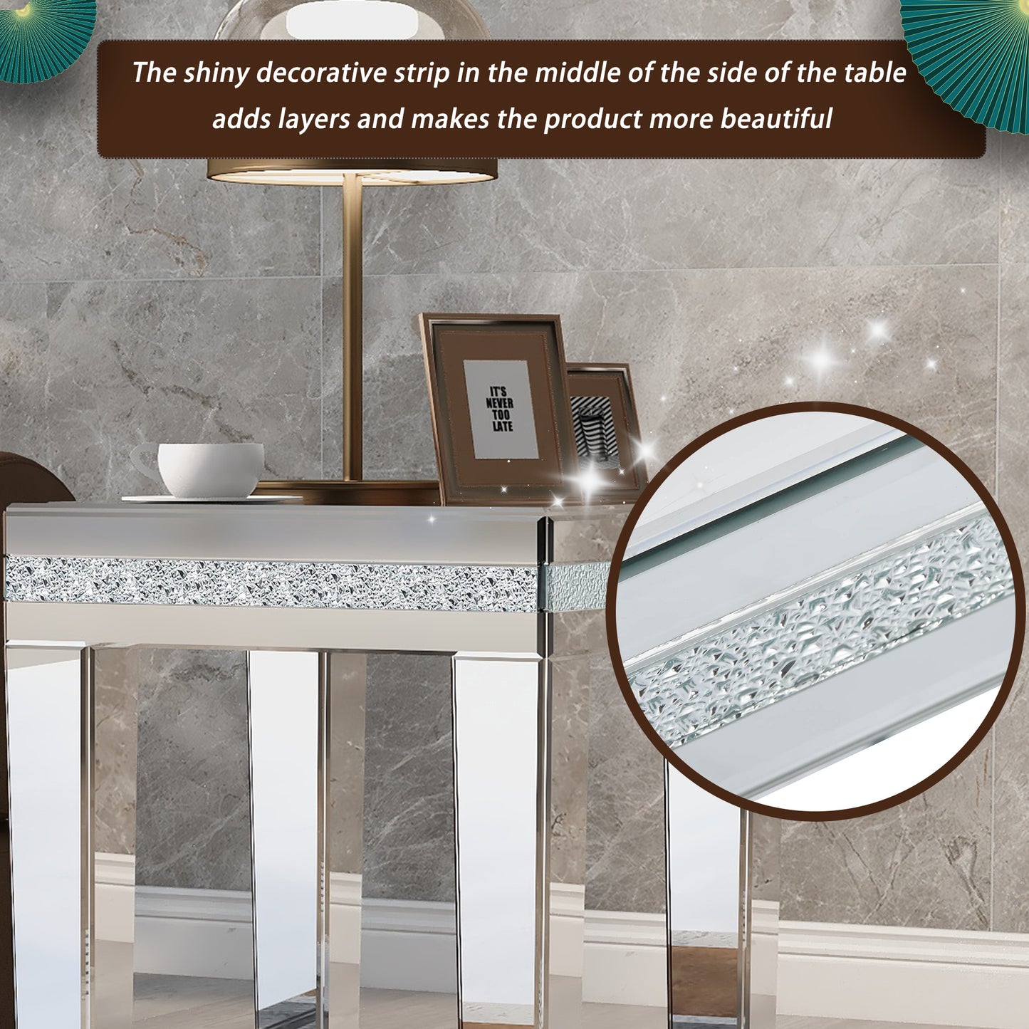 ON-TRANS glass mirror edge table, easy to assemble crystal design and adjustable height leg edge table, silver eprolo