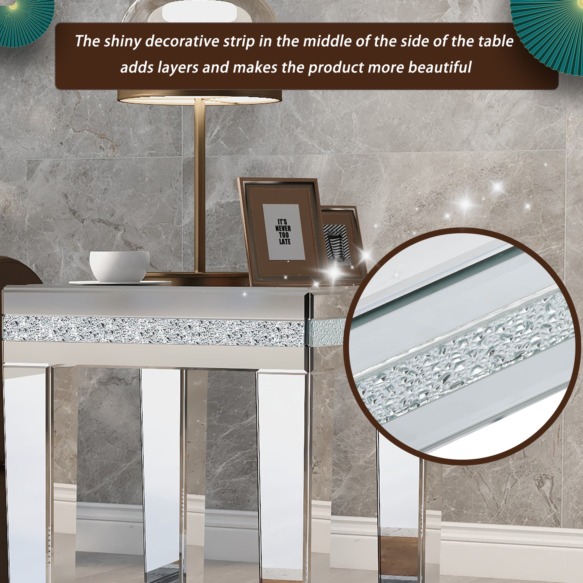 ON-TRANS glass mirror edge table, easy to assemble crystal design and adjustable height leg edge table, silver eprolo