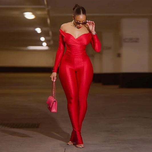 Autumn Solid Casual Two Piece Set Women Sexy Wrapped V Neck Off Shoulder Gloves Long Sleeve Crop Top Slim Split Pants Suits - Shello's Creative Boutique