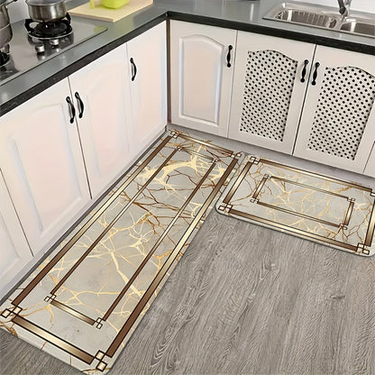 2/3 Piece Spring Summer Kitchen Mat Set - Marble Gold Plated Design Absorbent Washable Floor Mats