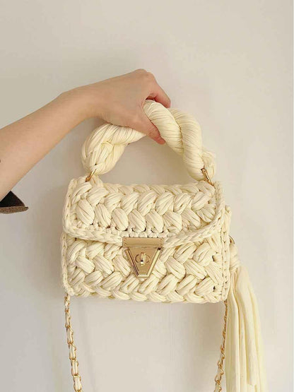 Women Crochet Shoulder Bag - Hand Woven Crochet Tassel Bag with Fried Dough Twists - Shello's Creative Boutique