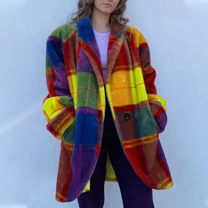 Panelled Plaid Women Jacket Long Sleeve Pocket Single Breasted Casual Female Coat Spring V-neck Elegant Lady Overcoat - Shello's Creative Boutique