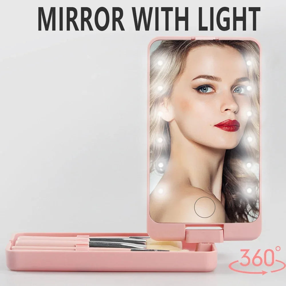 LED Folding Rotating Cosmetic Mirror Box with Brush Shello Creative Boutique