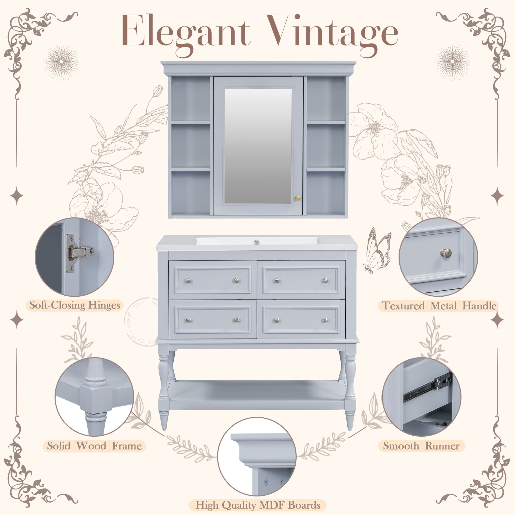 36'' Bathroom Vanity with Medicine Cabinet, Modern Mirror Cabinet with Adjustable Shelf, Bathroom Storage Cabinet with 4 Drawers eprolo