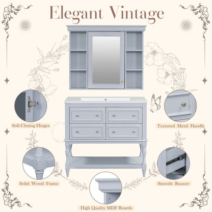 36'' Bathroom Vanity with Medicine Cabinet, Modern Mirror Cabinet with Adjustable Shelf, Bathroom Storage Cabinet with 4 Drawers - Shello's Creative Boutique