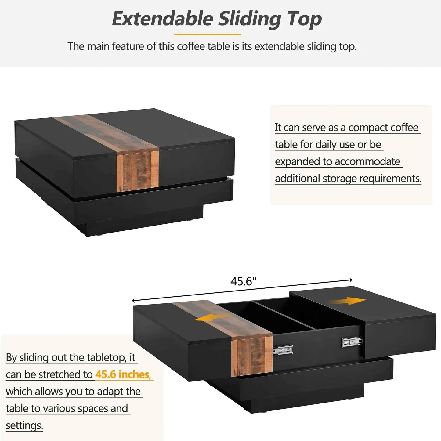 Modern High Gloss Coffee Table - 80cm Square with Sliding Top & Hidden Storage (Black) - Shello's Creative Boutique
