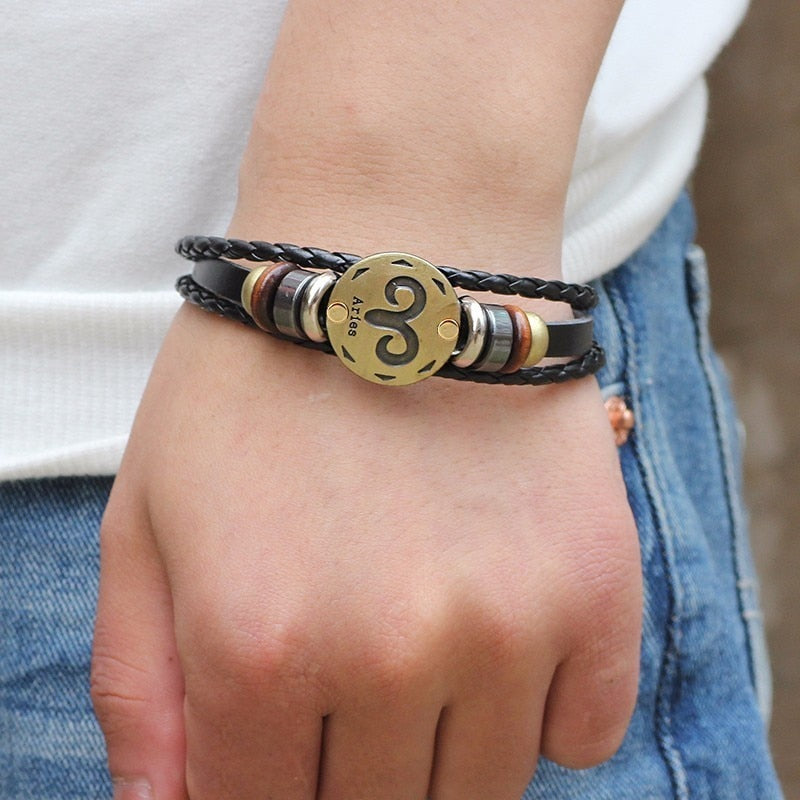 12 Horoscope Leather Bracelet Men Jewelry Vintage Retro Charm Bracelet Male Jewelry 8.2 eprolo
