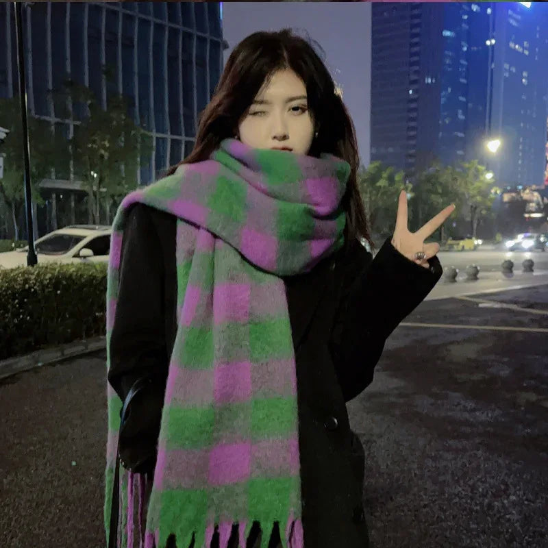 Women Plaid Scarf Winter Pashmina Shawls Cashmere Thick Wraps Lady Tassel Warm Scarves Rainbow - Shello's Creative Boutique