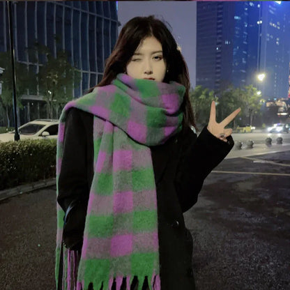 Women Plaid Scarf Winter Pashmina Shawls Cashmere Thick Wraps Lady Tassel Warm Scarves Rainbow - Shello's Creative Boutique