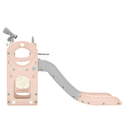 Kids Slide Playset Structure 7 in 1, Freestanding Spaceship Set with Slide, Arch Tunnel Pink+Grey + HDPE - Shello's Creative Boutique