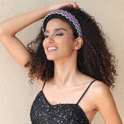 Fashionable full set rhinestone wide edge solid color sponge head hoop - Shello's Creative Boutique