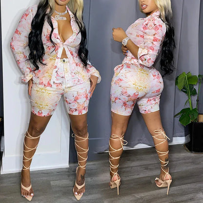 Early Autumn New Casual Shorts Suit Sexy Printed Shirt Two Piece Women's Clothes - Shello's Creative Boutique