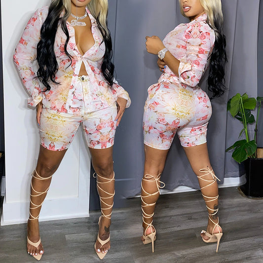 Early Autumn New Casual Shorts Suit Sexy Printed Shirt Two Piece Women's Clothes eprolo