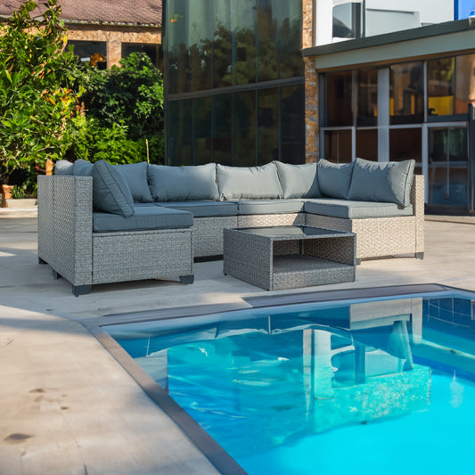 7-Piece Patio Furniture Set, All-Weather Boho Outdoor Conversation Set Sectional Sofa with Water Resistant Grey Thick Cushions eprolo